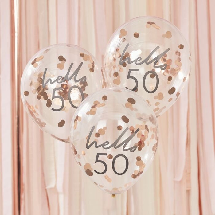 Hello 50 Rose Gold Confetti Balloons - 50th Birthday Balloons - Rose Gold 50th Birthday Decorations - Party Decorations - Pack of 5