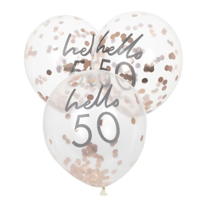 Hello 50 Rose Gold Confetti Balloons - 50th Birthday Balloons - Rose Gold 50th Birthday Decorations - Party Decorations - Pack of 5