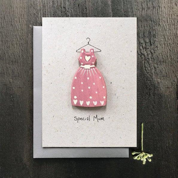 Special Mum Card - Mother's Day Card - Birthday Card For Mum - Grey Greetings Card With Wooden Pink Dress - Rustic Card - East Of India