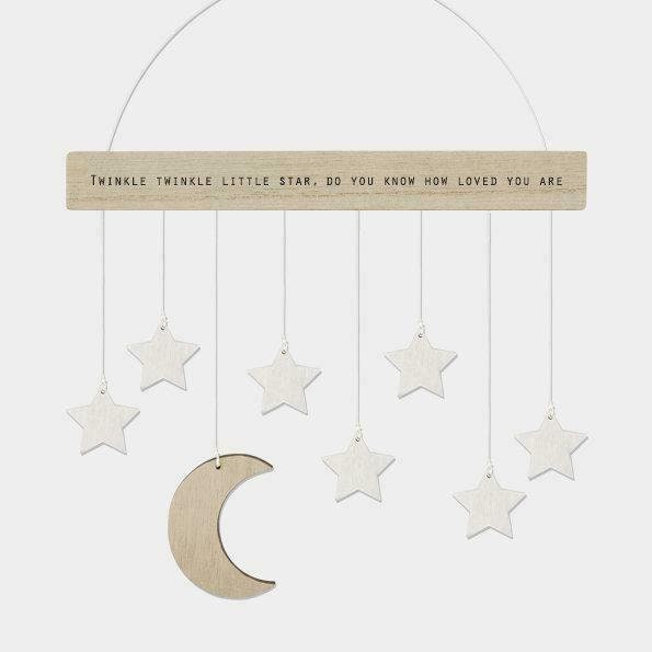 Wooden Moon And Stars Hanging Decoration - Baby Gift - Nursery Accessory - New Baby-baby Shower Present-twinkle Twinkle Hanger-east Of India