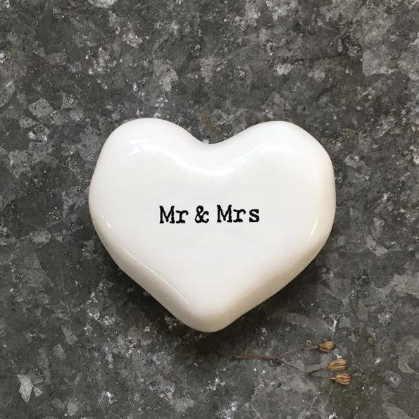 White Mr & Mrs Heart Pebble - Keepsake Token - Wedding Or Anniversary Present - Gift For Husband - East Of India