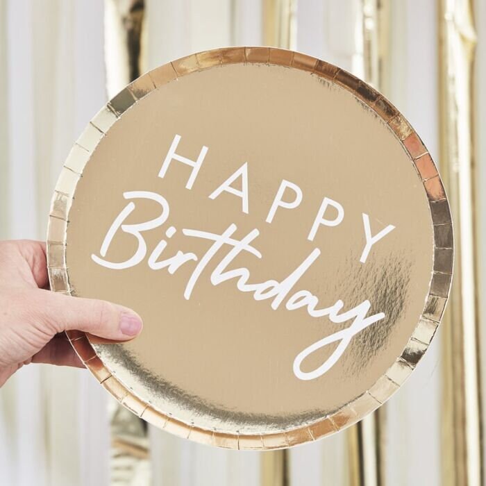 Gold Happy Birthday Plates - Gold Foiled Paper Plates - Birthday Decorations - Gold & White Party Decor - Birthday Party Ideas - Pack of 8