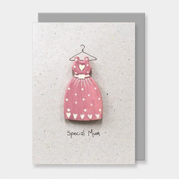 Special Mum Card - Mother's Day Card - Birthday Card For Mum - Grey Greetings Card With Wooden Pink Dress - Rustic Card - East Of India