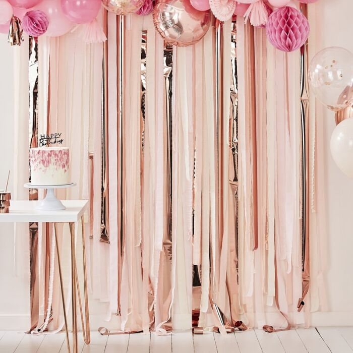 Pink And Rose Gold Party Streamers Backdrop - Birthday Decorations - Photo Backdrop - Rose Gold Party