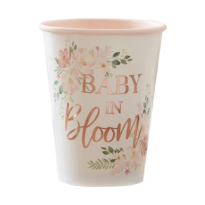 Baby Shower Paper Cups - Rose Gold Floral Baby Shower - Rose Gold Baby Shower Tableware - Baby In Bloom - Pack of 8
