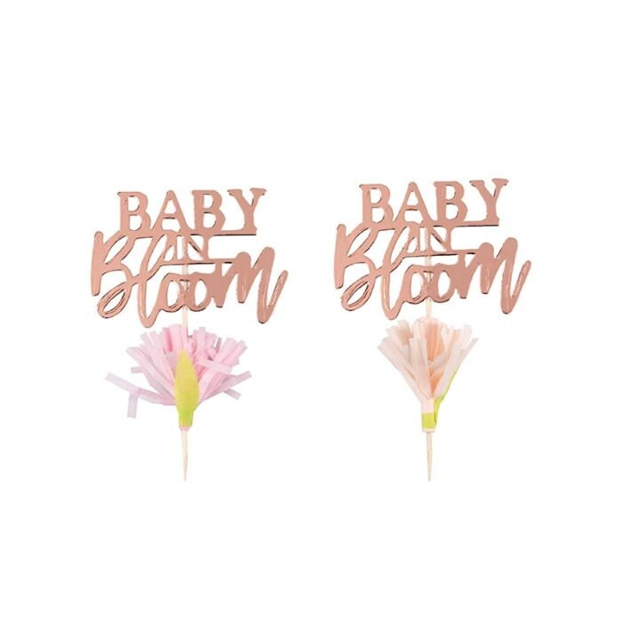 Rose Gold Cupcake Toppers - Floral Baby Shower Cupcake Toppers - Pink Tissue Flower Cake Toppers -  Baby In Bloom - Pack of 12