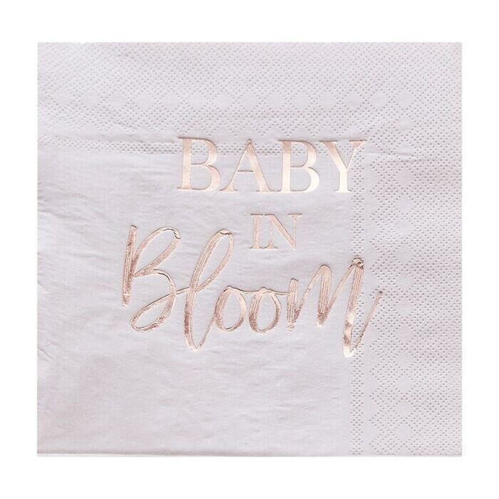 Baby Shower Napkins - Rose Gold Baby Shower Paper Napkins - Rose Gold & Blush Pink Baby Shower Tableware - Baby In Bloom - Pack of 16