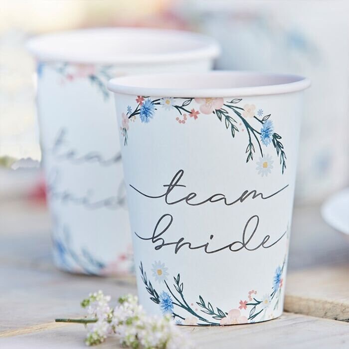 Team Bride Paper Cups - Boho Floral Eco Team Bride Party Cups - Floral And Pink Hen Cups - Bachelorette Cups - Pack of 8
