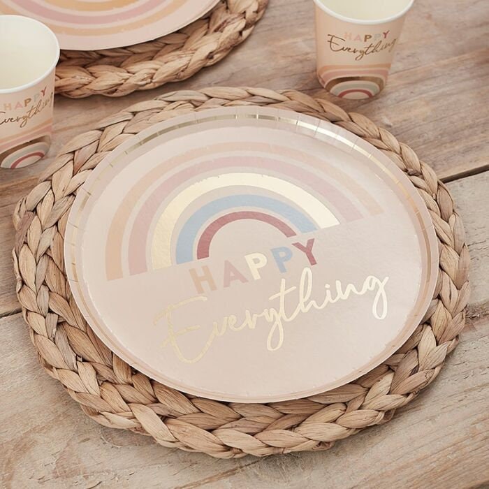 Rainbow Paper Plates - Pastel And Gold Paper Party Plates - Happy Everything Plates - Muted Pastel Tableware - Blush Plates - Pack of 8