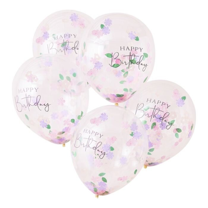 Floral Confetti Balloons - Happy Birthday Balloons - Birthday Party Balloons - Party Decorations - Floral Tea Party Balloons - Pack of 5