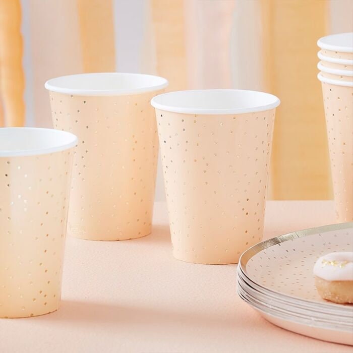 Peach And Gold Cups - Paper Party Cups - Gold Polka Dot Cups - Hen Party Cups - Birthday Cups - Party decorations -Party tableware-Pack of 8