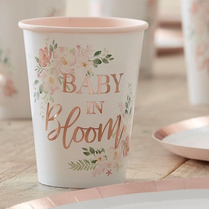 Baby Shower Paper Cups - Rose Gold Floral Baby Shower - Rose Gold Baby Shower Tableware - Baby In Bloom - Pack of 8