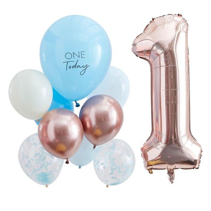 Blue And Rose Gold 1st Birthday Balloons - First Birthday Rose Gold, Cream & Blue Balloon Pack - Number 1 Balloon -Party Decorations-10 Pack