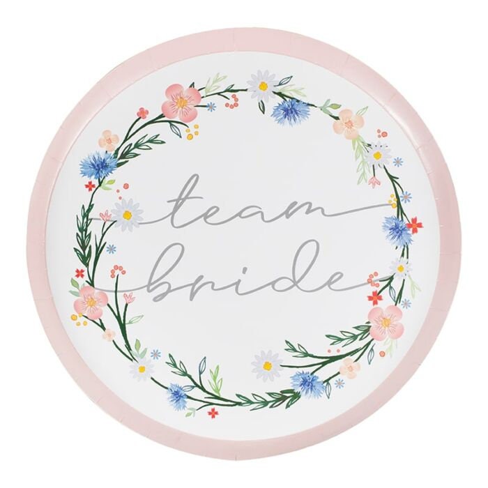 Team Bride Paper Plates - Boho Floral Eco Team Bride Party Plates - Floral And Pink Hen Plates - Bachelorette Plates - Pack of 8