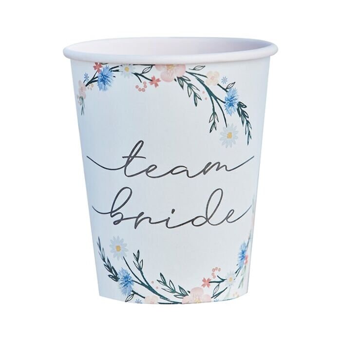 Team Bride Paper Cups - Boho Floral Eco Team Bride Party Cups - Floral And Pink Hen Cups - Bachelorette Cups - Pack of 8