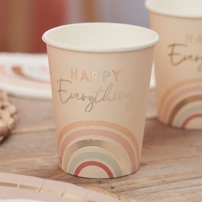 Rainbow Paper Cups - Pastel And Gold Paper Party Cups - Happy Everything Cups - Muted Pastel Tableware - Peach Cups - Pack of 8