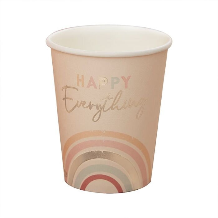 Rainbow Paper Cups - Pastel And Gold Paper Party Cups - Happy Everything Cups - Muted Pastel Tableware - Peach Cups - Pack of 8