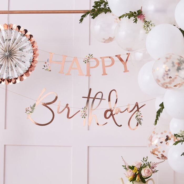 Rose Gold Happy Birthday Bunting - Birthday Party Garland - Rose Gold & Floral Party Banner - Birthday Party backdrop - Photo Backdrop