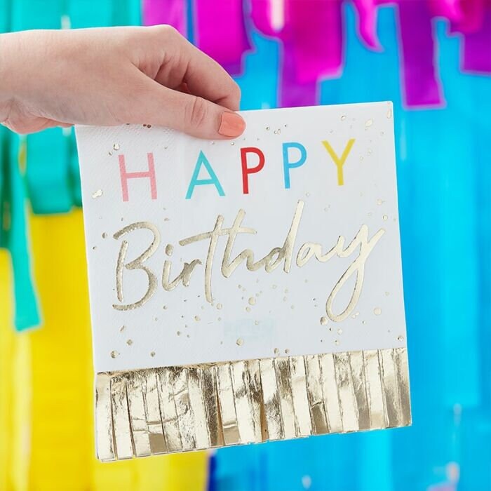 Gold Fringe Happy Birthday Napkins - Rainbow Happy Birthday Fringed Paper Napkins - Birthday Party Napkins - Gold Birthday Decor -Pack of 16