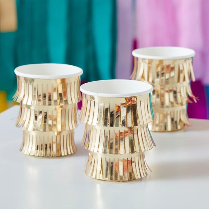 Gold Paper Cups - Gold Fringe Party Paper Cups - Birthday Party Cups - Gold Tassels - Hen Party Cups - Bachelorette Party Cups - Pack of 8