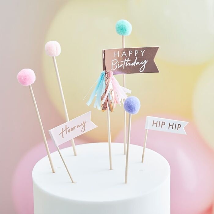 Happy Birthday Topper - Birthday Cake Toppers - Pompom Cupcake Toppers - Birthday Party Decorations - Birthday Tableware - Pack of 11