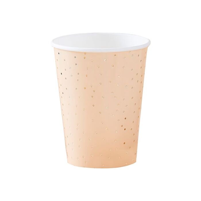 Peach And Gold Cups - Paper Party Cups - Gold Polka Dot Cups - Hen Party Cups - Birthday Cups - Party decorations -Party tableware-Pack of 8