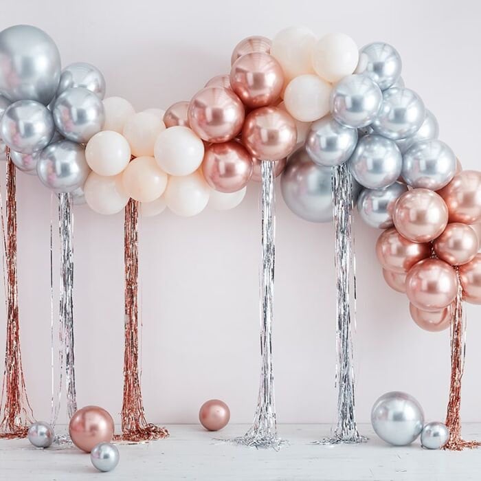 Rose Gold, Silver & Cream Balloon Arch Kit - Mixed Metallic Ballon Arch With Streamers - Large Rose Gold Balloon Garland-Rose Gold Streamers