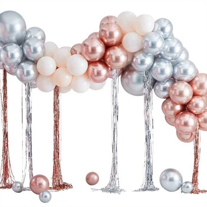 Rose Gold, Silver & Cream Balloon Arch Kit - Mixed Metallic Ballon Arch With Streamers - Large Rose Gold Balloon Garland-Rose Gold Streamers