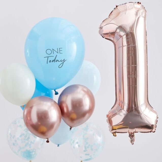 Blue And Rose Gold 1st Birthday Balloons - First Birthday Rose Gold, Cream & Blue Balloon Pack - Number 1 Balloon -Party Decorations-10 Pack
