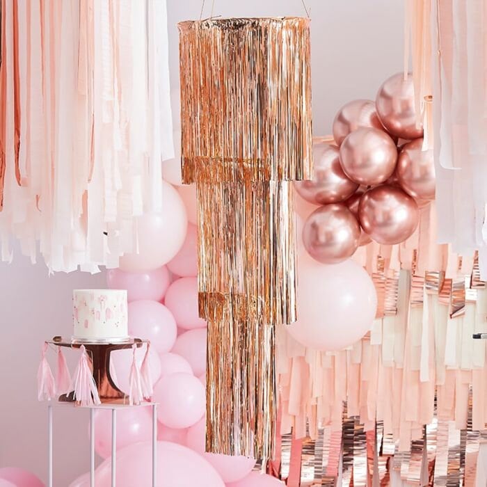 Rose Gold Fringe Chandelier - Rose Gold Party Decorations - Rose Gold Photo Backdrop - Rose Gold Centrepiece - Party Supplies