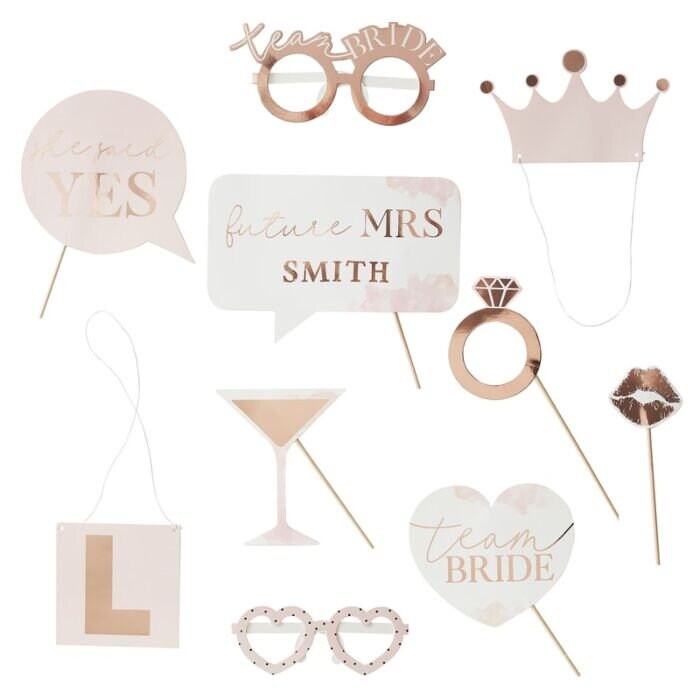 Customisable Hen Party Photo Booth Props - Rose Gold & Blush Photo Props - Bachelorette Accessories - Bridal Shower - Pack of 10