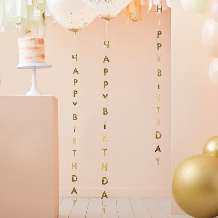 Gold Happy Birthday Balloon Tails - Helium Balloon Tail - Birthday Decorations - Balloon Accessories - Photo Backdrop - Gold Party-Pack of 5