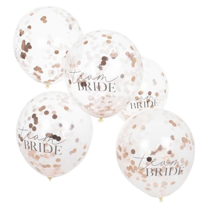 Team Bride Rose Gold Confetti Balloons - Hen Party Balloons - Rose Gold Hen Do Decorations - Bachelorette Decor - Bridal Shower - Pack of 5