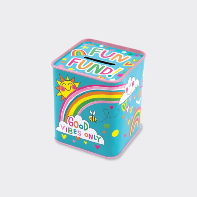 Money Box Piggy Bank - Good Vibes Only Money Tin - Pocket Money Storage Box - Fun Fund - Kids Coin Box - Rachel Ellen Designs
