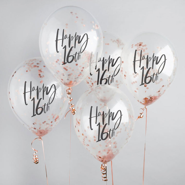 Happy 16th Rose Gold Confetti Balloons - 16th Birthday Balloons - Rose Gold 16th Birthday Decorations - Party Decorations - Pack of 5