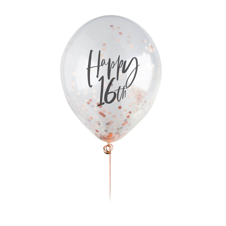 Happy 16th Rose Gold Confetti Balloons - 16th Birthday Balloons - Rose Gold 16th Birthday Decorations - Party Decorations - Pack of 5