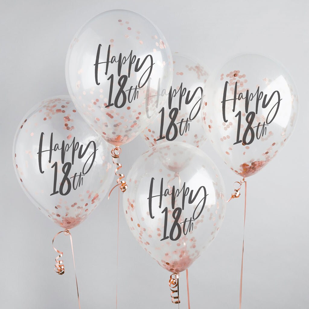 Happy 18th Rose Gold Confetti Balloons - 18th Birthday Balloons - Rose Gold 18th Birthday Decorations - Party Decorations - Pack of 5