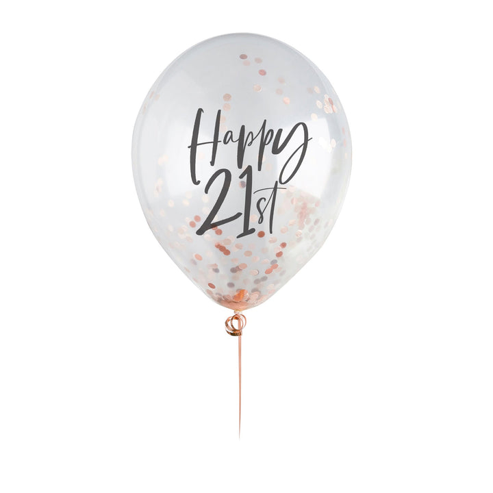 Happy 21st Rose Gold Confetti Balloons - 21st Birthday Balloons - Rose Gold 21st Birthday Decorations - Party Decorations - Pack of 5
