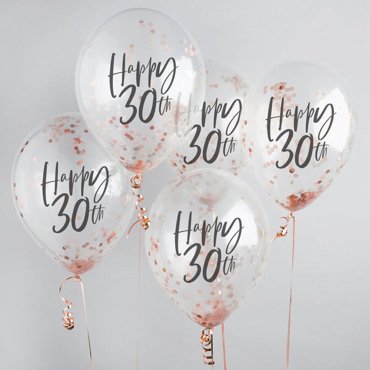 Happy 30th Rose Gold Confetti Balloons - 30th Birthday Balloons - Rose Gold 30th Birthday Decorations - Party Decorations - Pack of 5