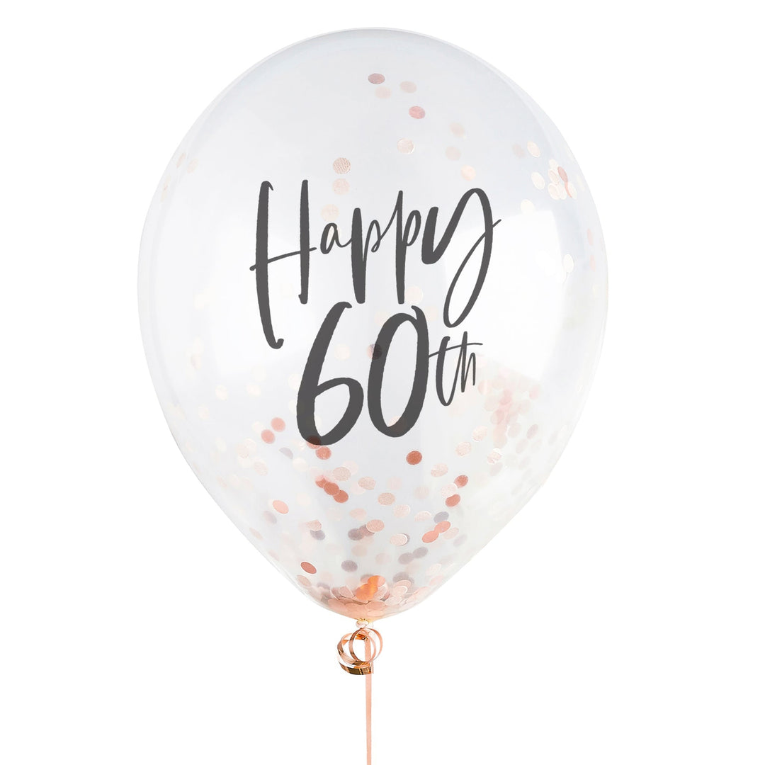 Happy 60th Rose Gold Confetti Balloons - 60th Birthday Balloons - Rose Gold 60th Birthday Decorations - Party Decorations - Pack of 5