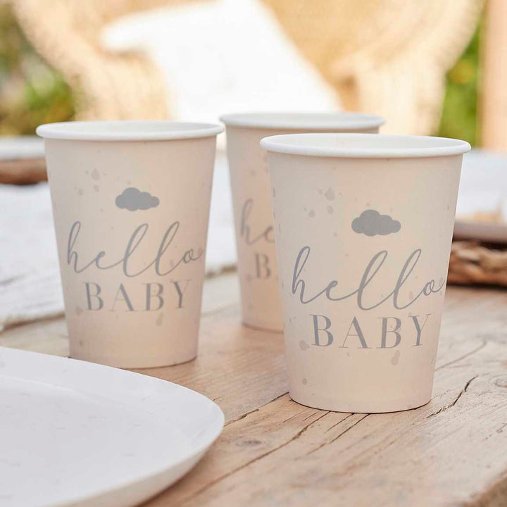 Hello Baby Shower Paper Cups - Neutral Baby Shower - Eco Friendly Party Supplies - Sip And See - New Baby Party - Baby Paper Cups -Pack of 8