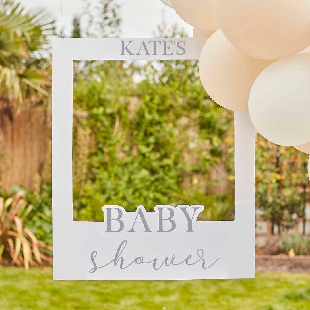 Customisable Baby Shower Photo Frame - Personalised Selfie Frame - Baby Shower Photo Booth Prop - Neutral Baby Shower - Cream And Grey Frame