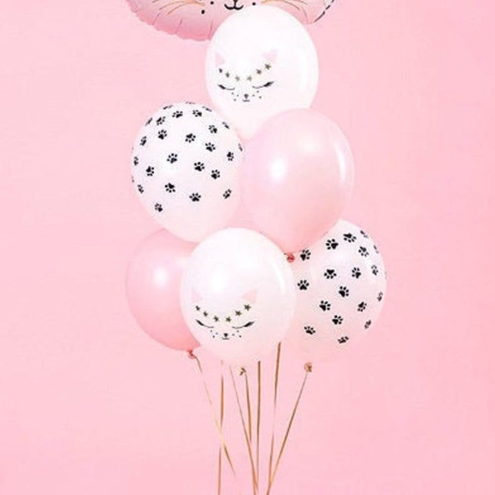 Cat Balloons - Pink & White Kitten Party Balloons - Paw Print Balloons -Meow Party-Kitty Cat Helium Balloons-Cat Party Decorations-Pack of 6