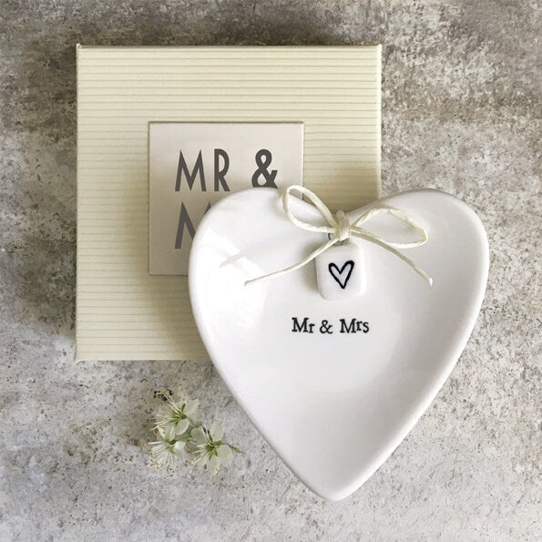 Porcelain Ring Dish -  Mr & Mrs Heart Shaped Dish - Engagement And Wedding Gift - Gift Box Included  - Keepsake Bowl For Rings-East Of India