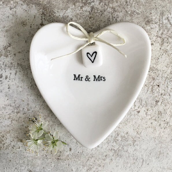 Porcelain Ring Dish -  Mr & Mrs Heart Shaped Dish - Engagement And Wedding Gift - Gift Box Included  - Keepsake Bowl For Rings-East Of India