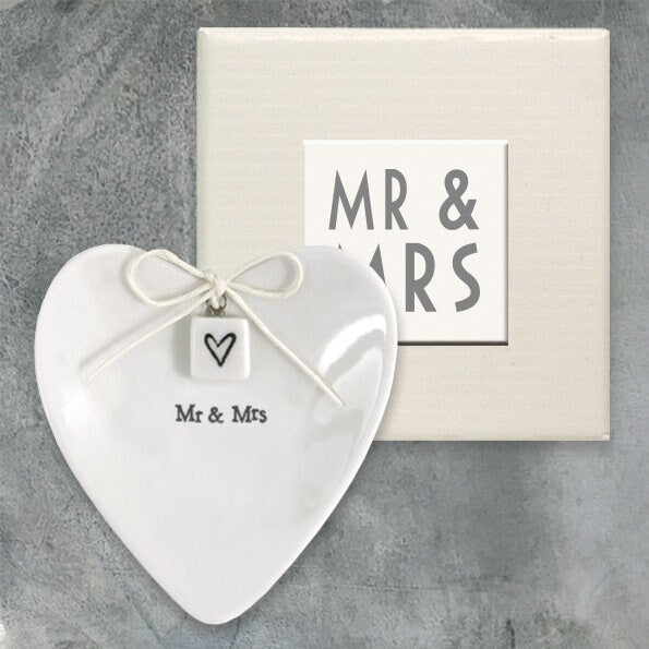 Porcelain Ring Dish -  Mr & Mrs Heart Shaped Dish - Engagement And Wedding Gift - Gift Box Included  - Keepsake Bowl For Rings-East Of India