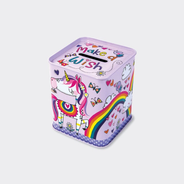 Money Box Piggy Bank - Unicorn Rainbow Money Tin - Pocket Money Storage Box - Make A Wish - Kids Coin Box - Rachel Ellen Designs