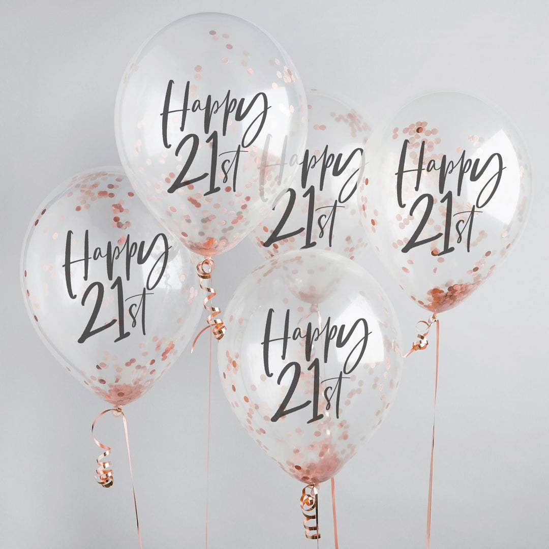 Happy 21st Rose Gold Confetti Balloons - 21st Birthday Balloons - Rose Gold 21st Birthday Decorations - Party Decorations - Pack of 5