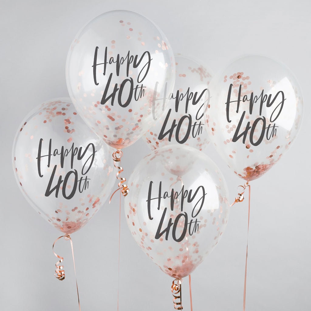 Happy 40th Rose Gold Confetti Balloons - 40th Birthday Balloons - Rose Gold 40th Birthday Decorations - Party Decorations - Pack of 5