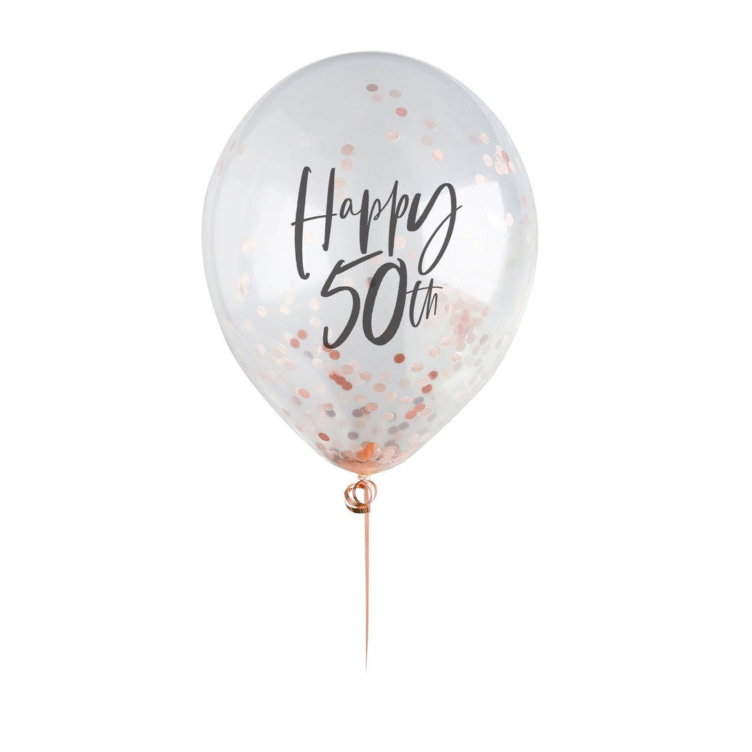Happy 50th Rose Gold Confetti Balloons - 50th Birthday Balloons - Rose Gold 50th Birthday Decorations - Party Decorations - Pack of 5